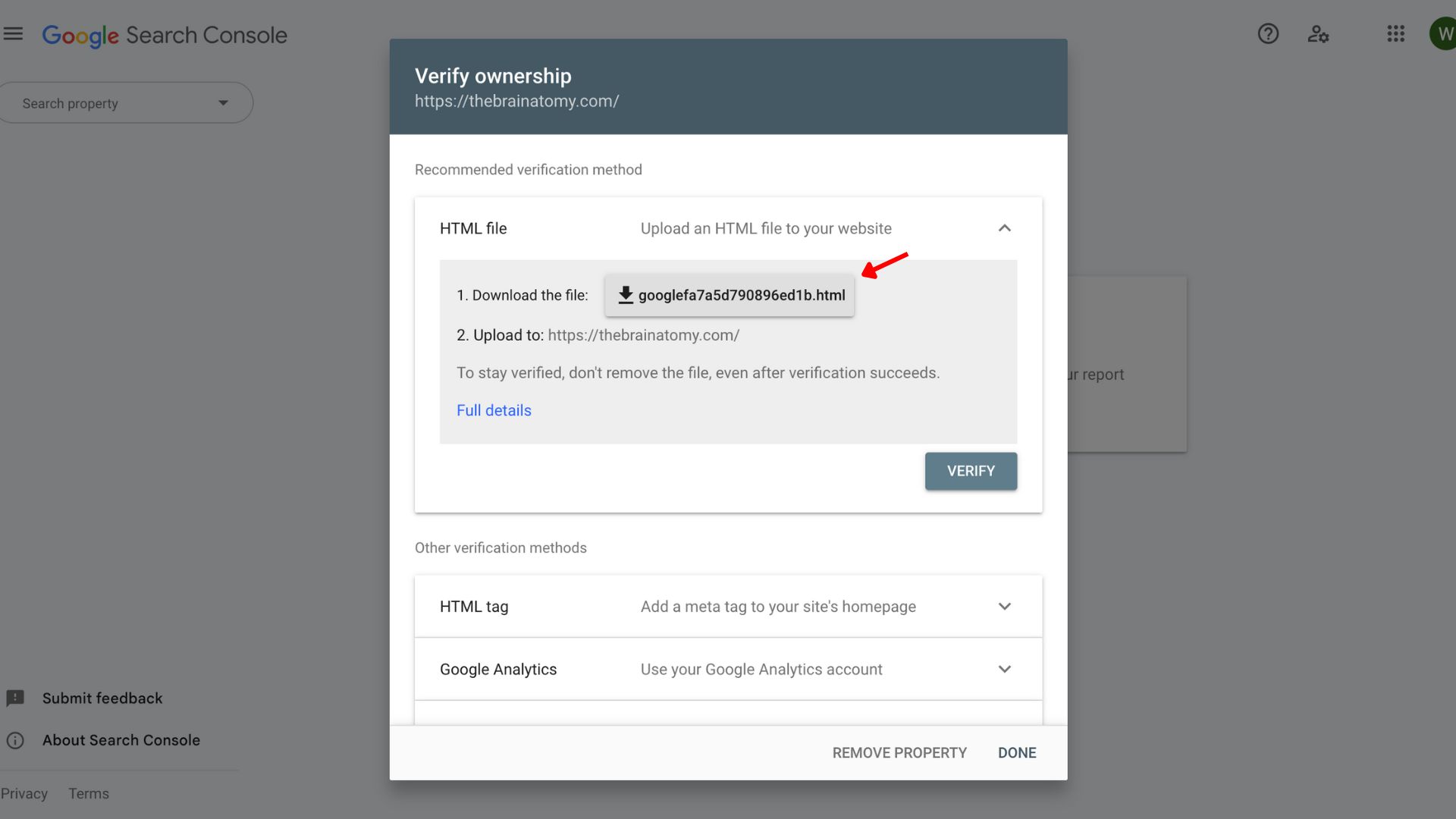 HTML file download for Google Search Console