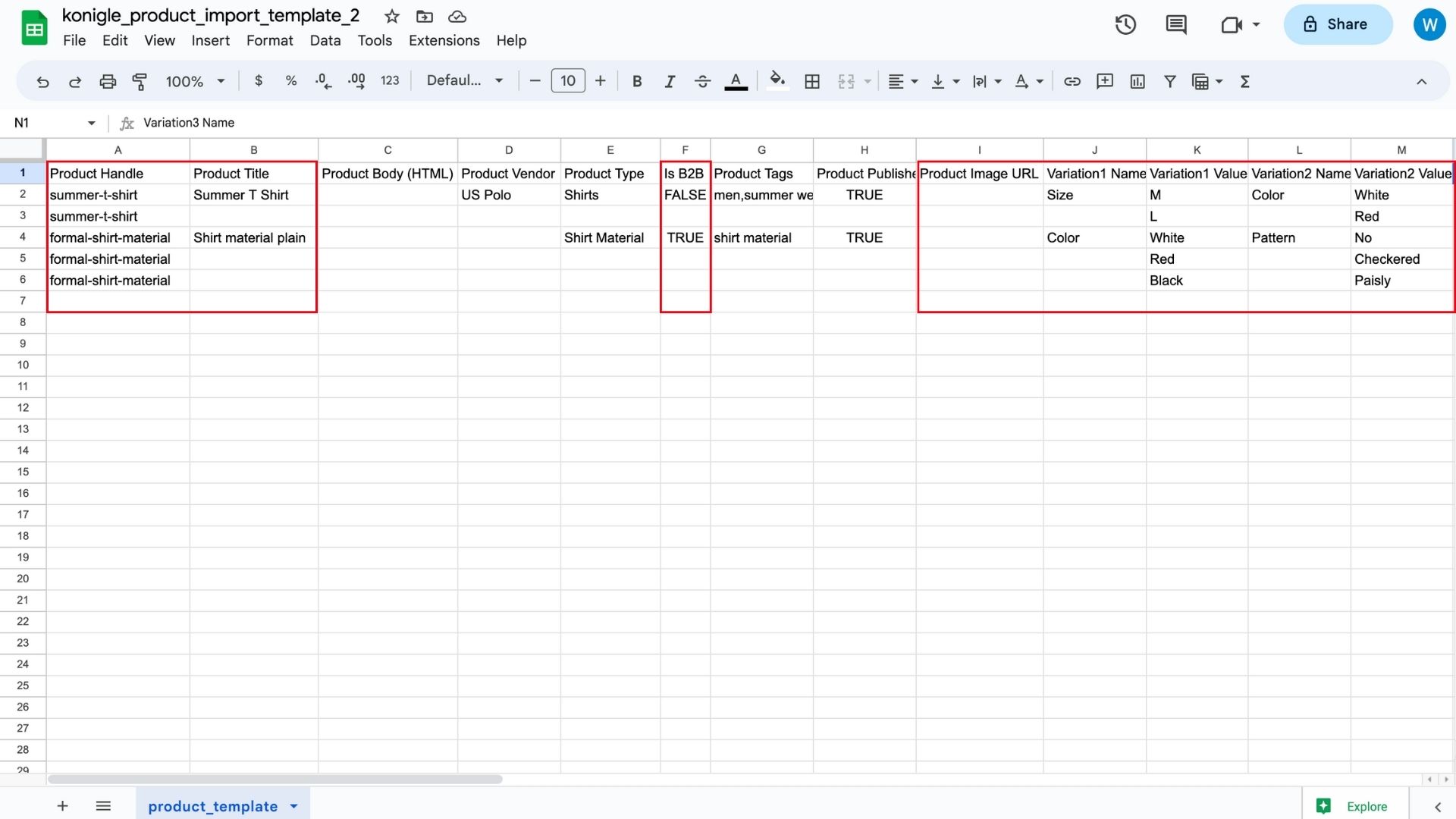 Product Import template on Google sheets