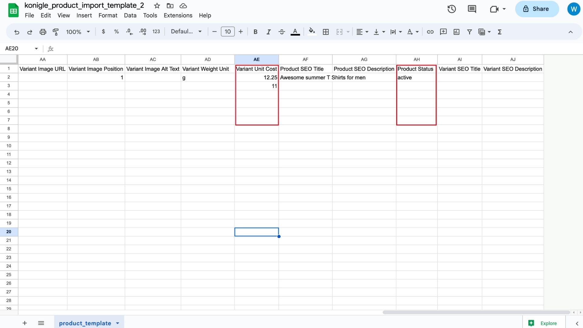 Product Import template on Google sheets