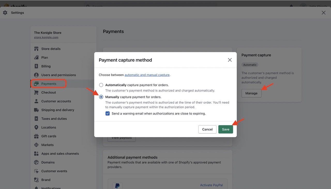Update payment capture method on Shopify