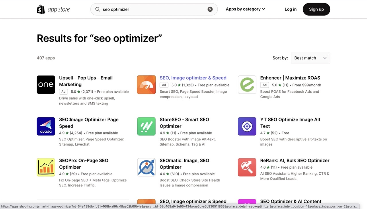A search for "SEO optimizer” on the Shopify App Store
