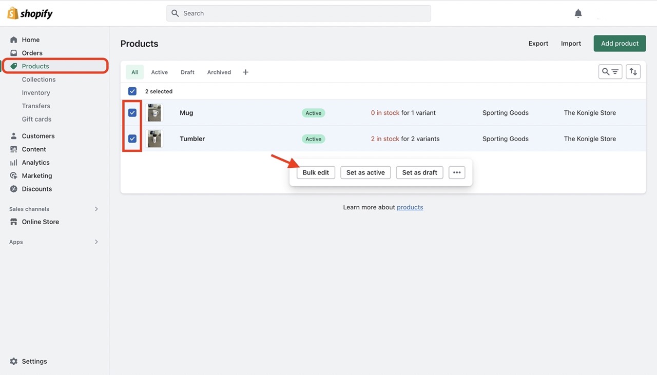 Navigate to bulk editor from Shopify dashboard
