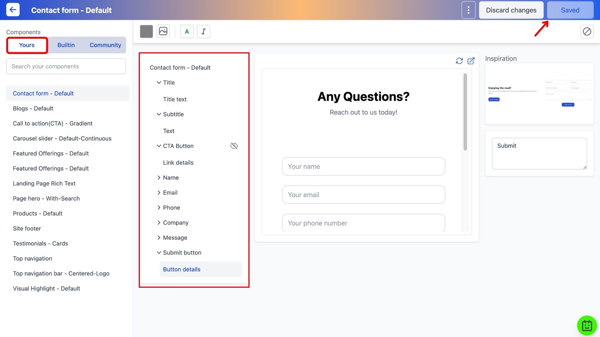 Editing content of the Contact form component
