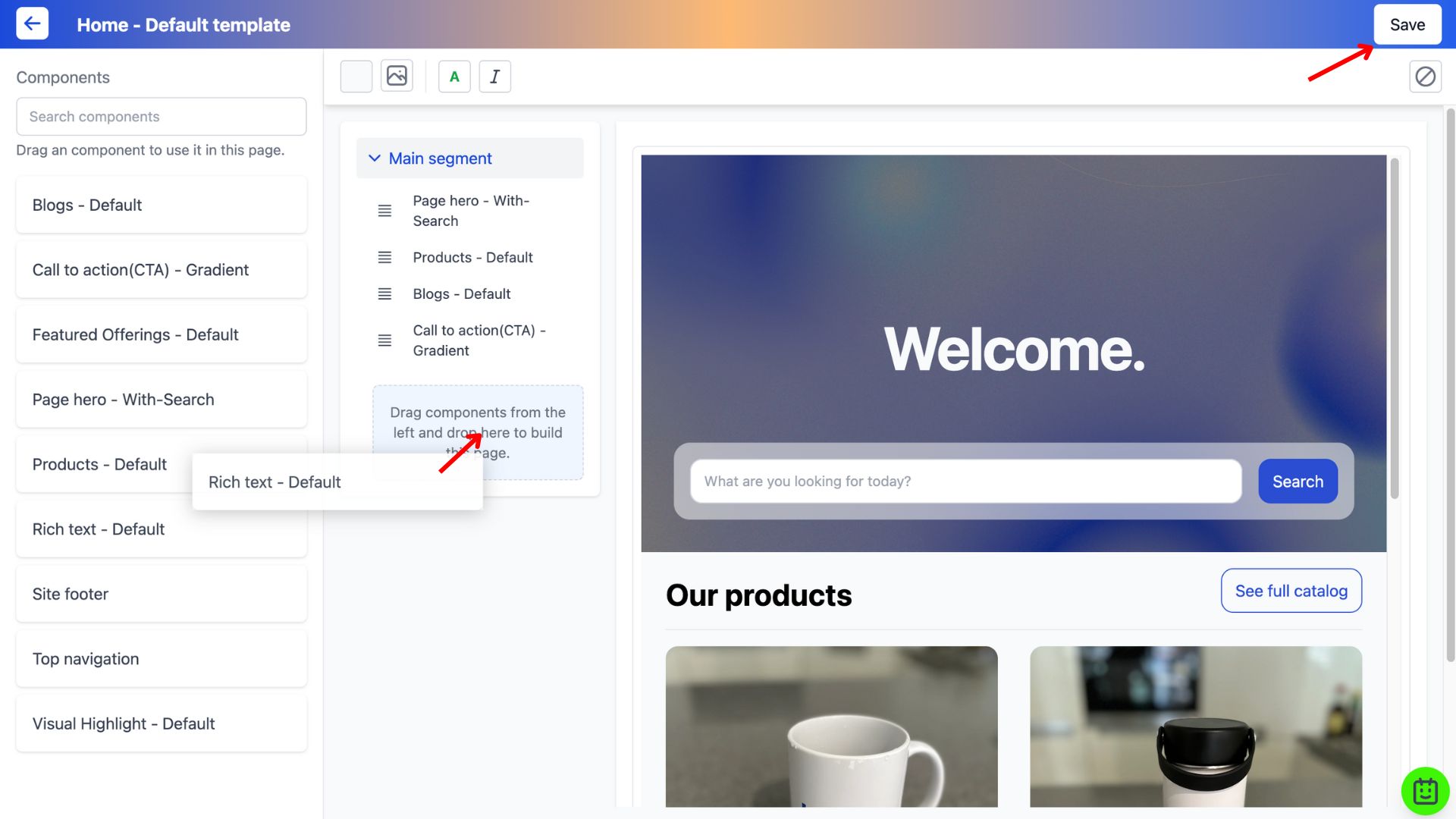 Drag and drop interface of the page builder