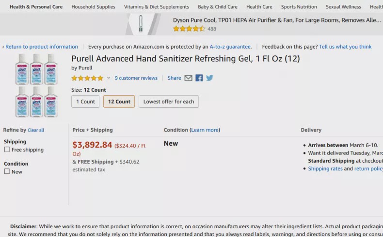 a 12 pack of purell hand sanitizer overpriced at 3892 dollars on Amazon