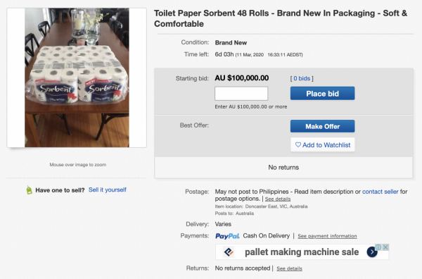 48 toilet paper rolls on a dining table overpriced at 100k dollars