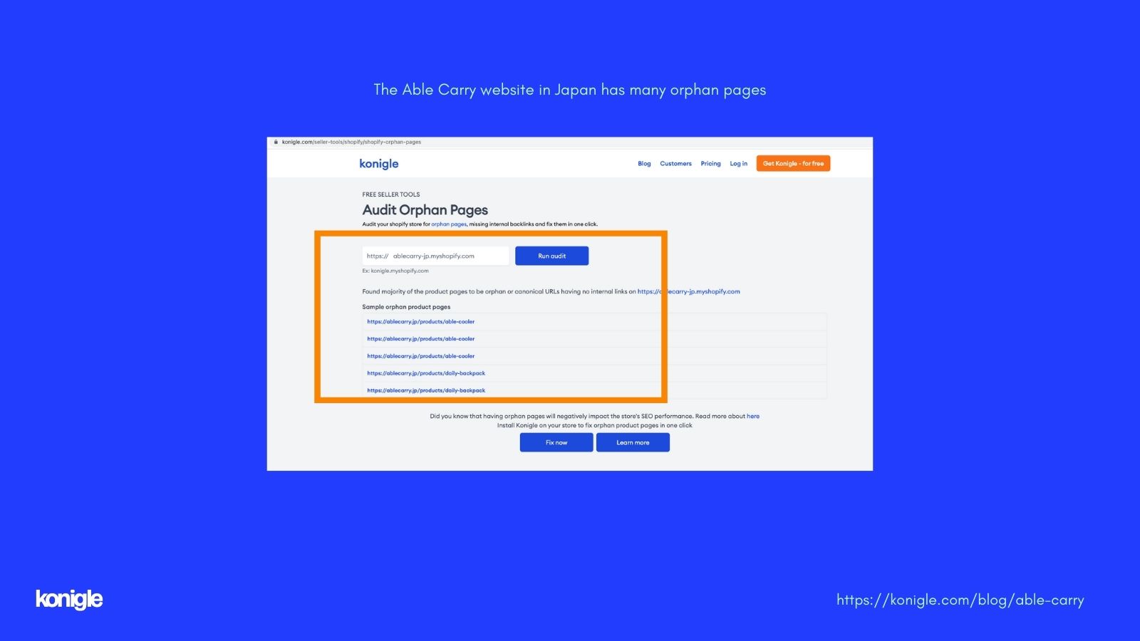 Konigle Orphan Page Audit Tool running for Able Carry Japan store.