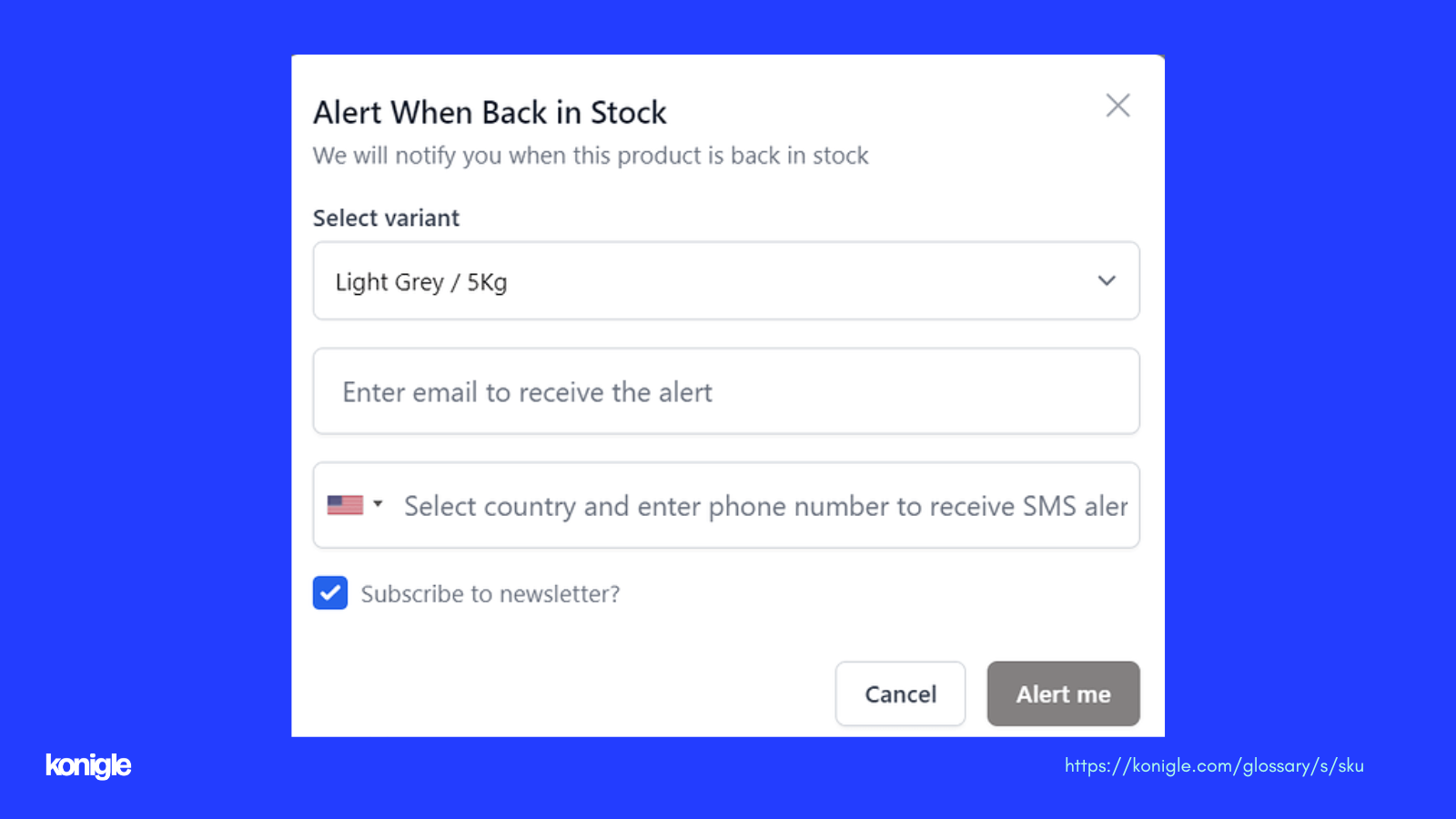 Konigle's Back in stock alert tool popup