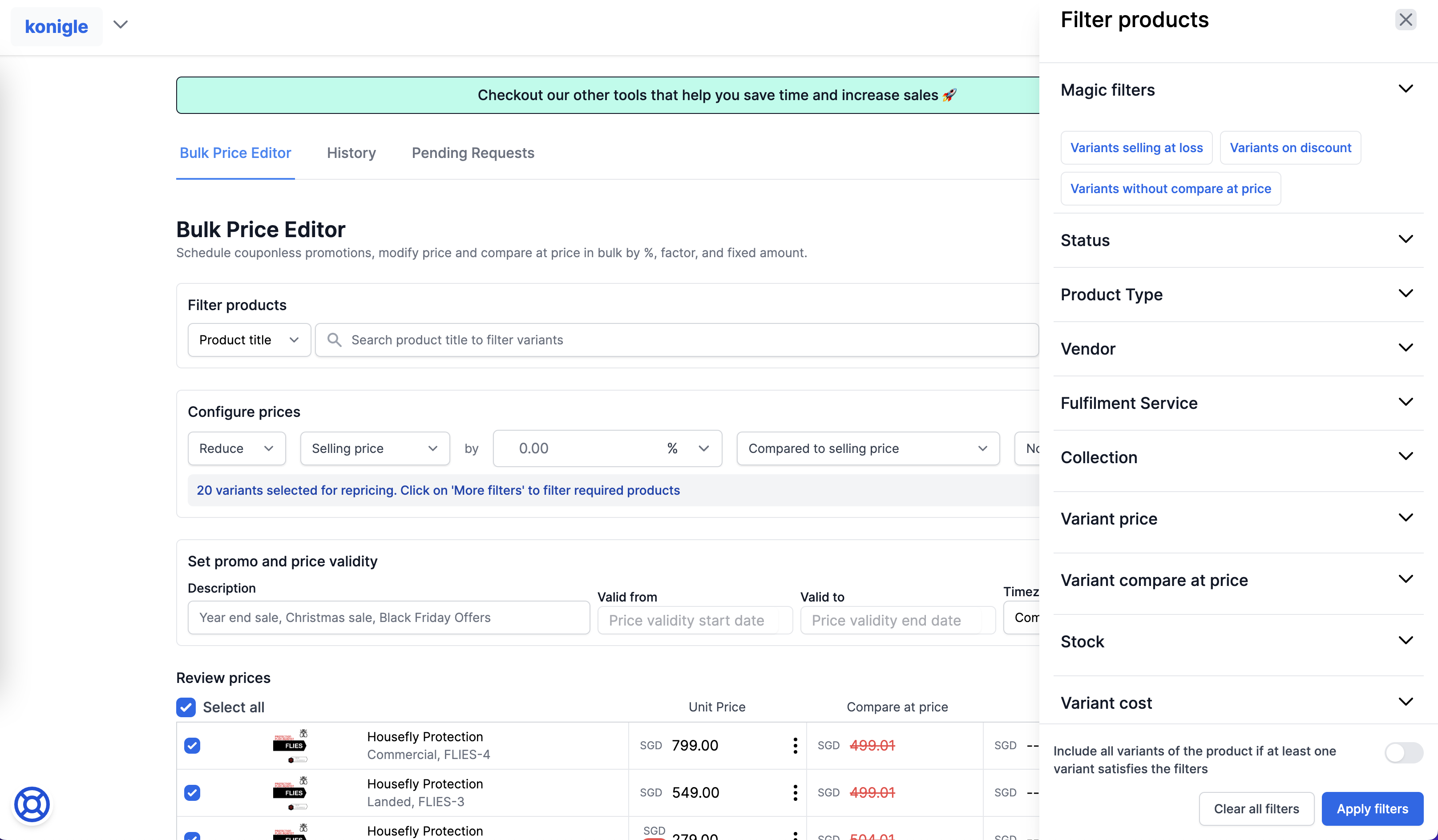 Konigle Bulk Price Editor tool