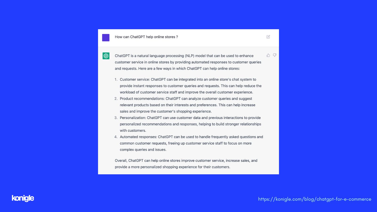 Response of ChatGPT to the question how it can help online stores.