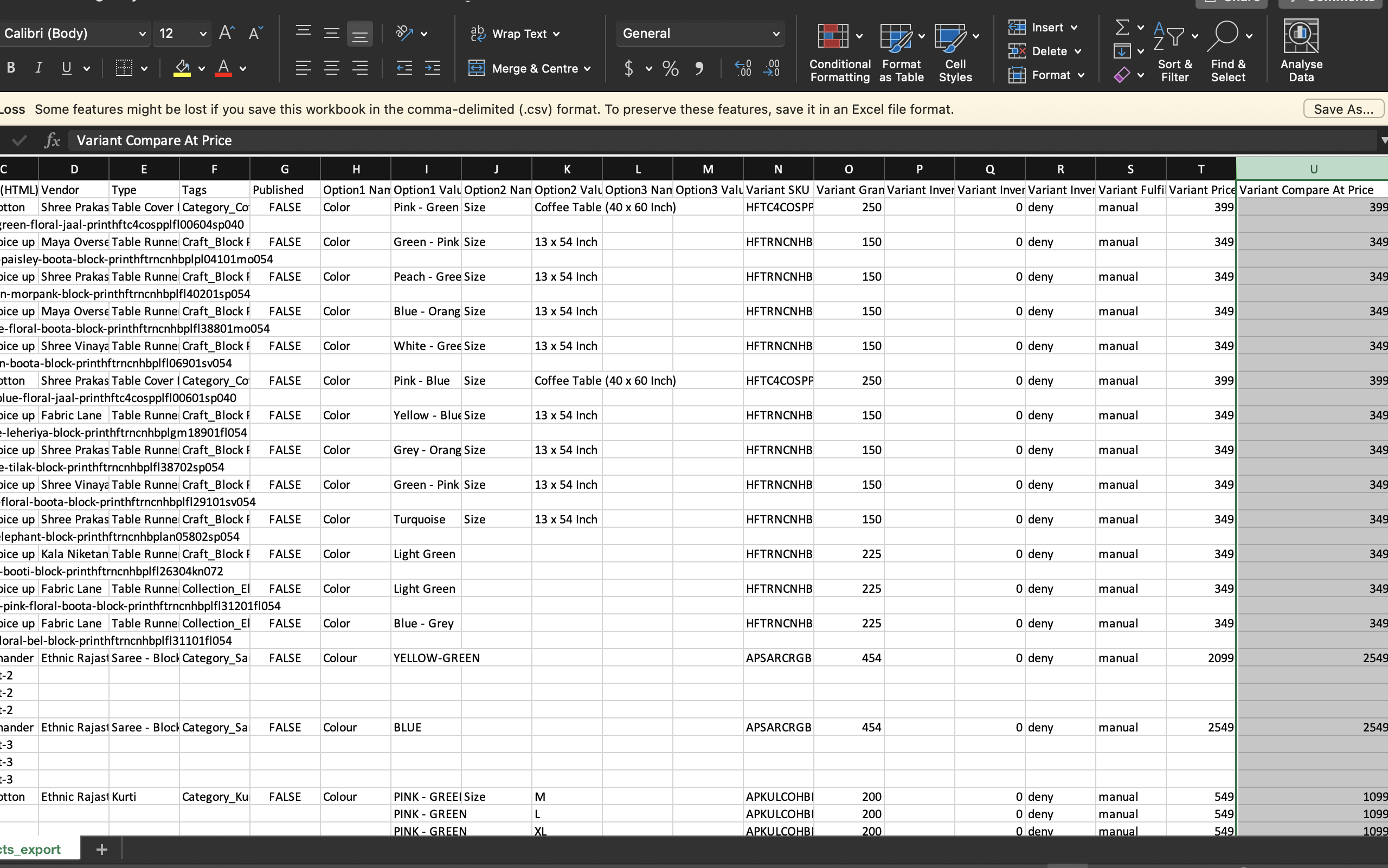 Example of Shopify Excel Export