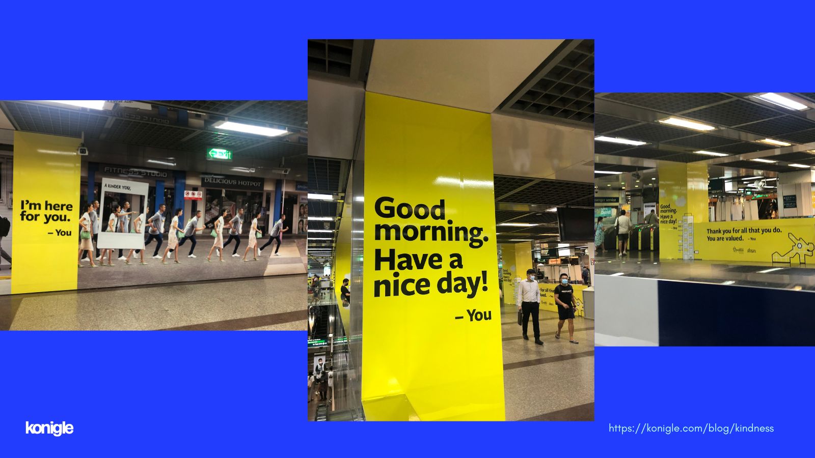 Bright yellow advertising by Singapore Kindness Movement to spread awareness at Citi Hall MRT station in Singapore
