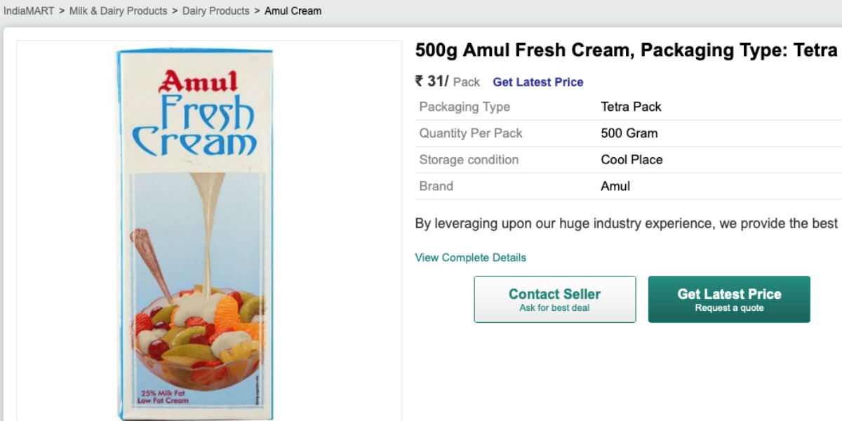 Amul Fresh Cream Tetra Pack indiamart