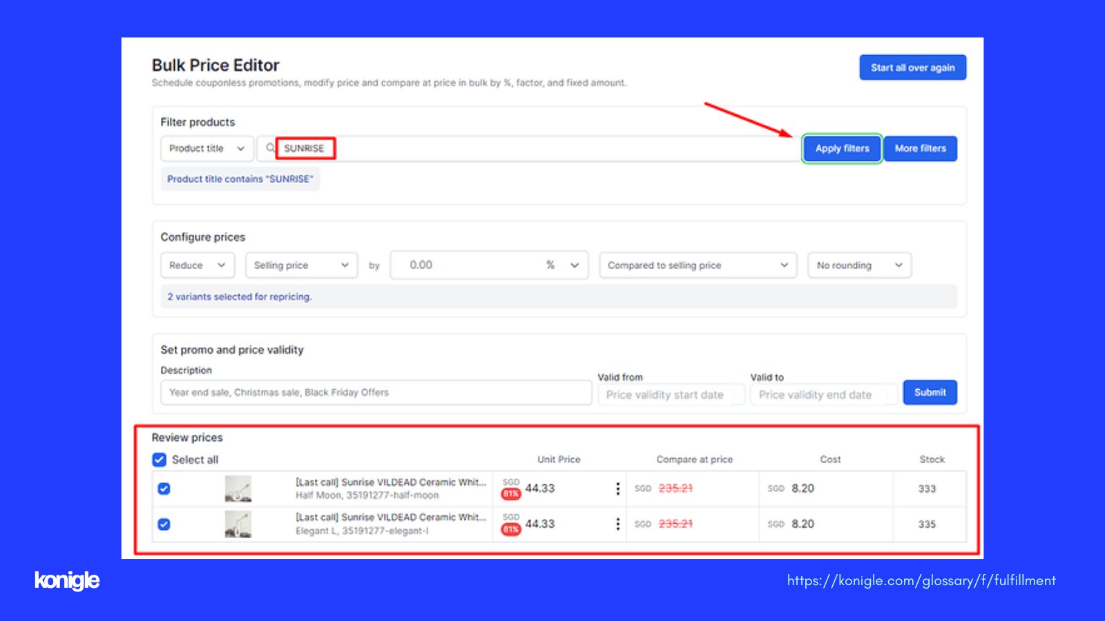 Konigle's bulk price editor tool