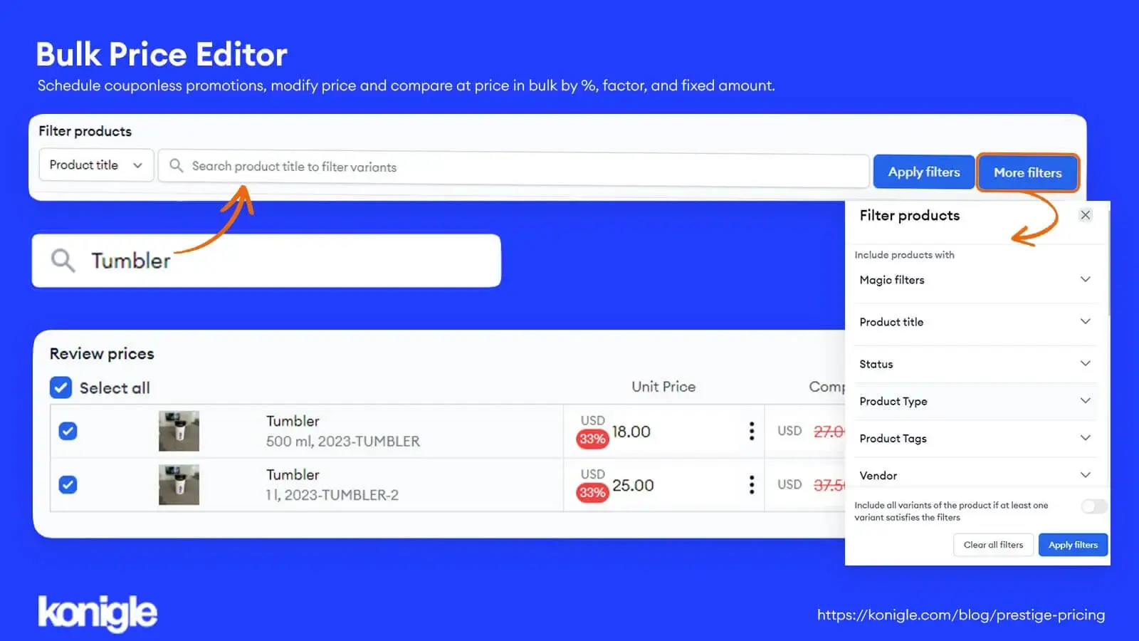 Creating pricing by filtering through products with options like "Draft" or "Active".