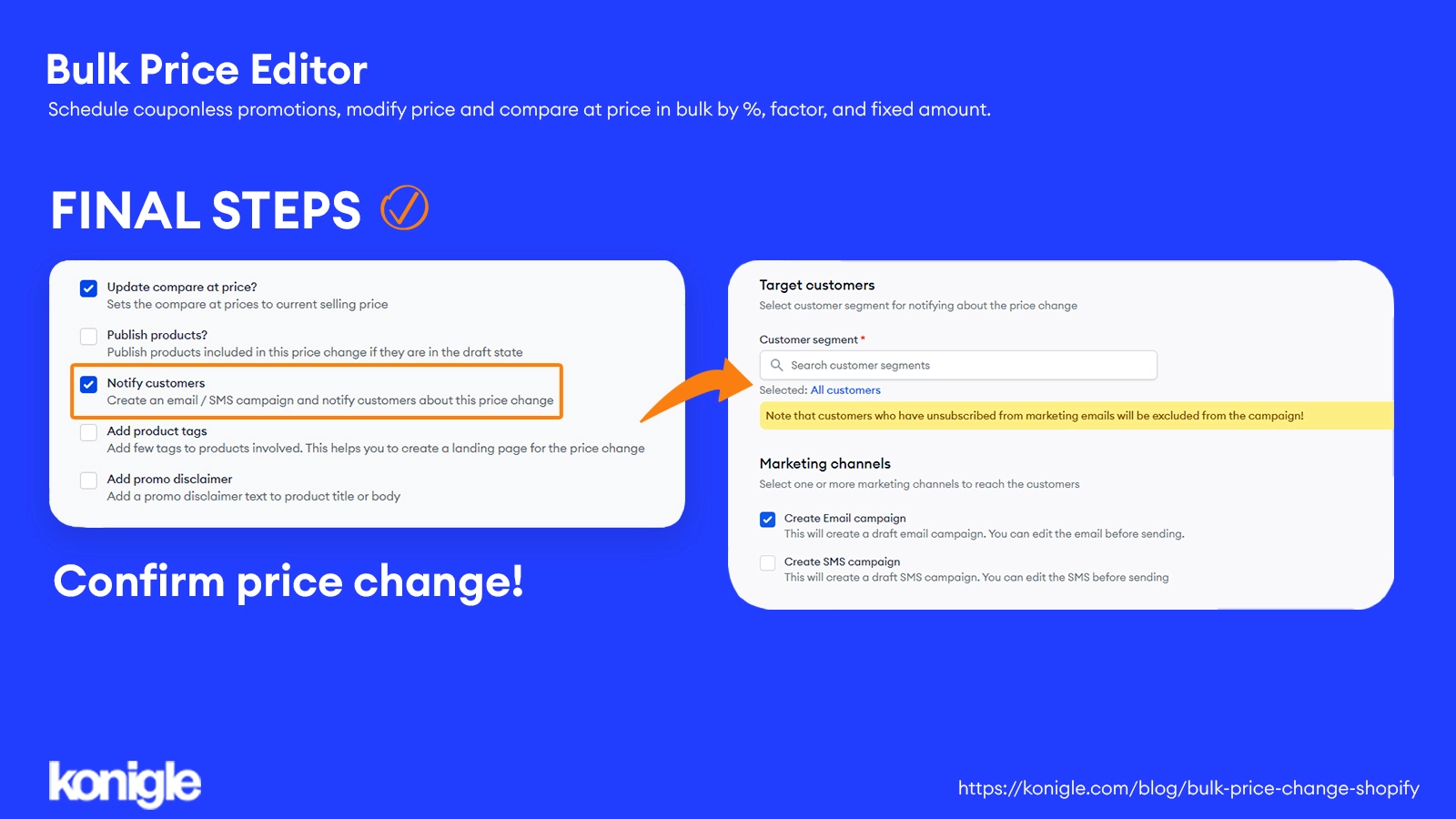 Finalizing price change request with notify customers checkmark (option).