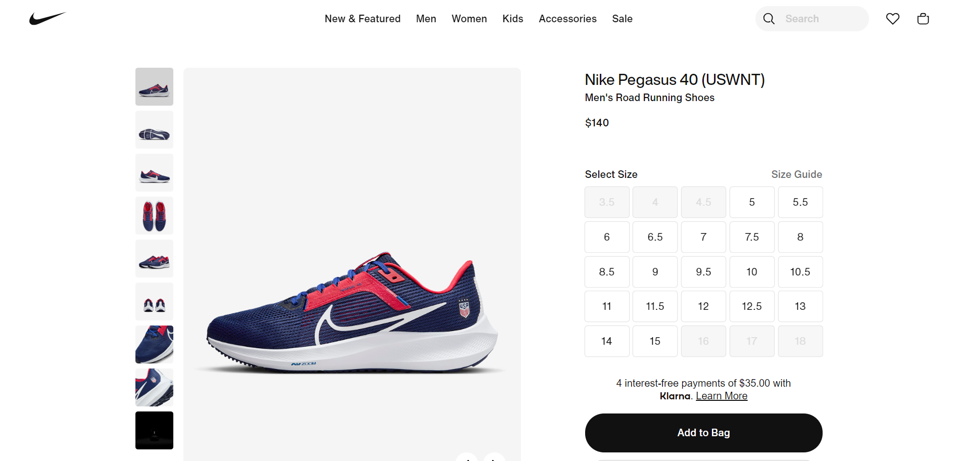 Nike's website typography of a product