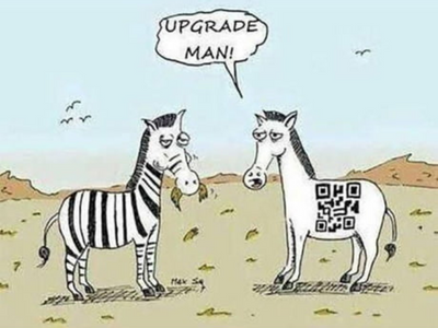 Two zebras are discussing the "Upgrade Man" QR Code meme.