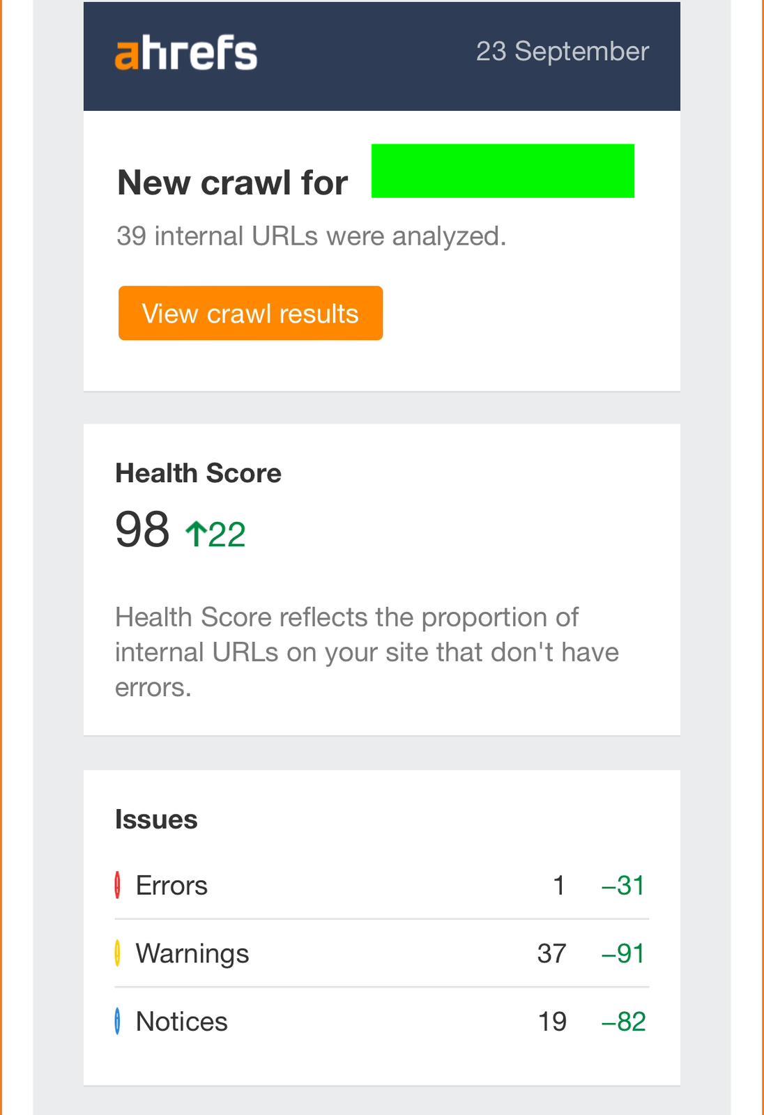 Ahrefs Site Audit tool showing an improvement for a website running on konigle.com, ported over from wix.com