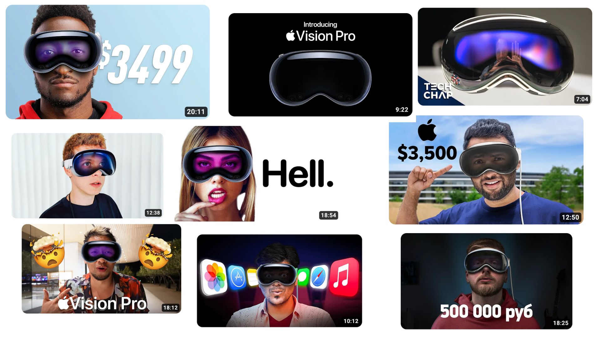 A collage of YouTube reviews of the Apple Vision Pro