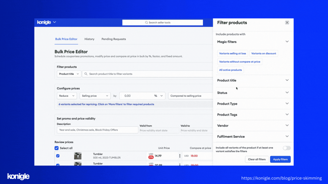 skimming pricing strategy: filtering the products you’d like to set prices for inside the bulk price editor