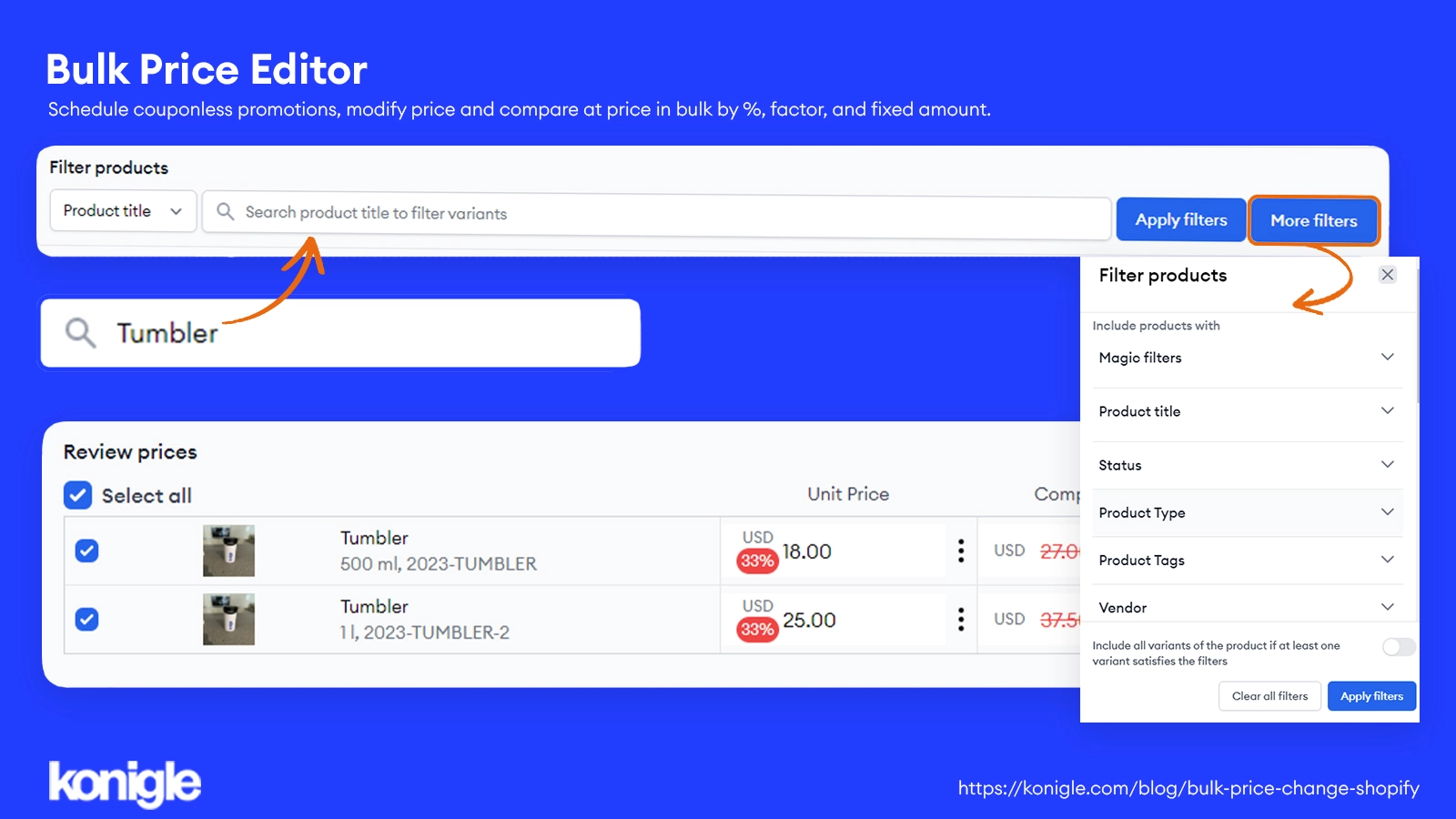 The process of filtering products in bulk price editor and narrowing down the search.