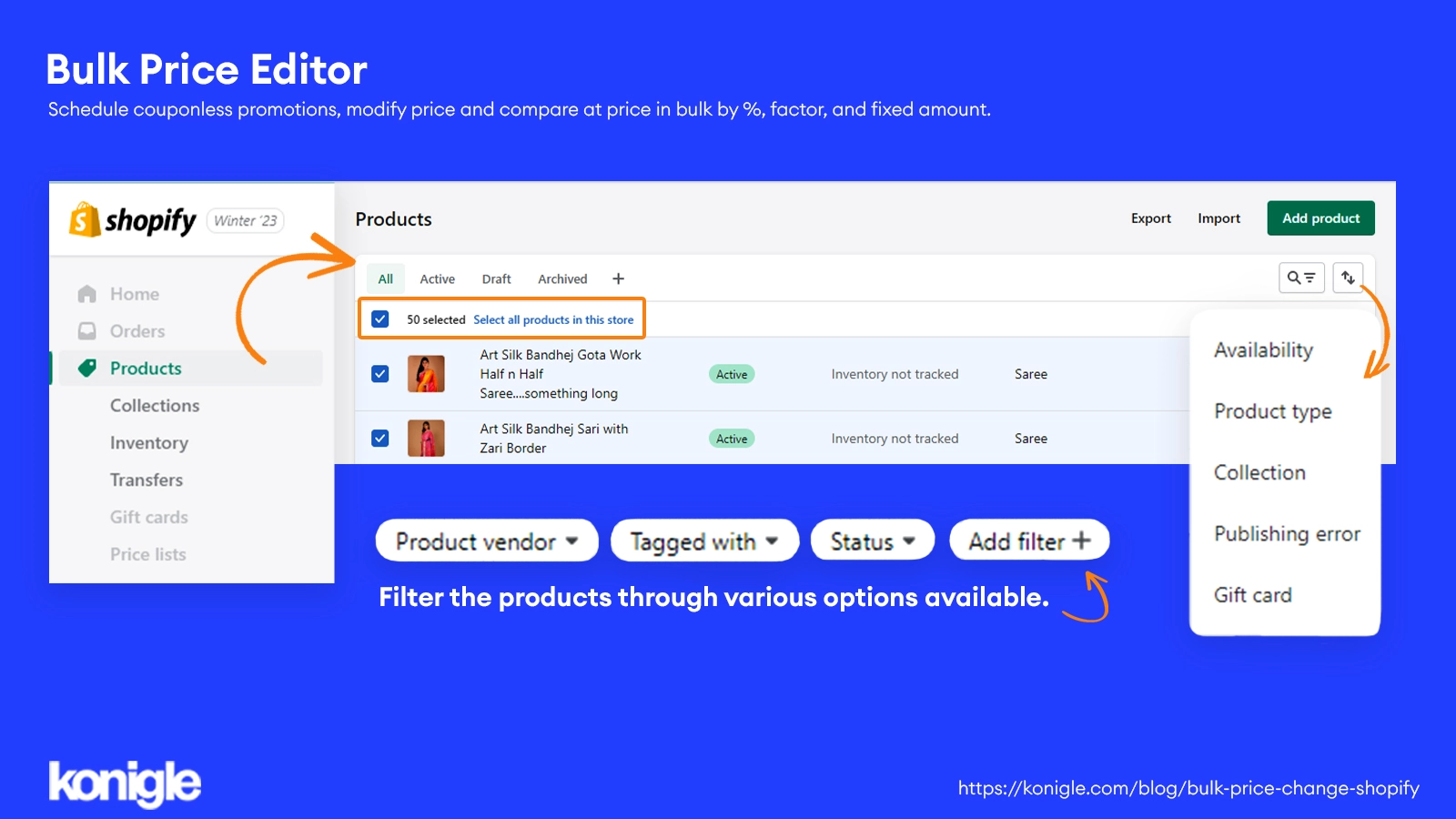 The process of filtering products with various options in shopify admin.