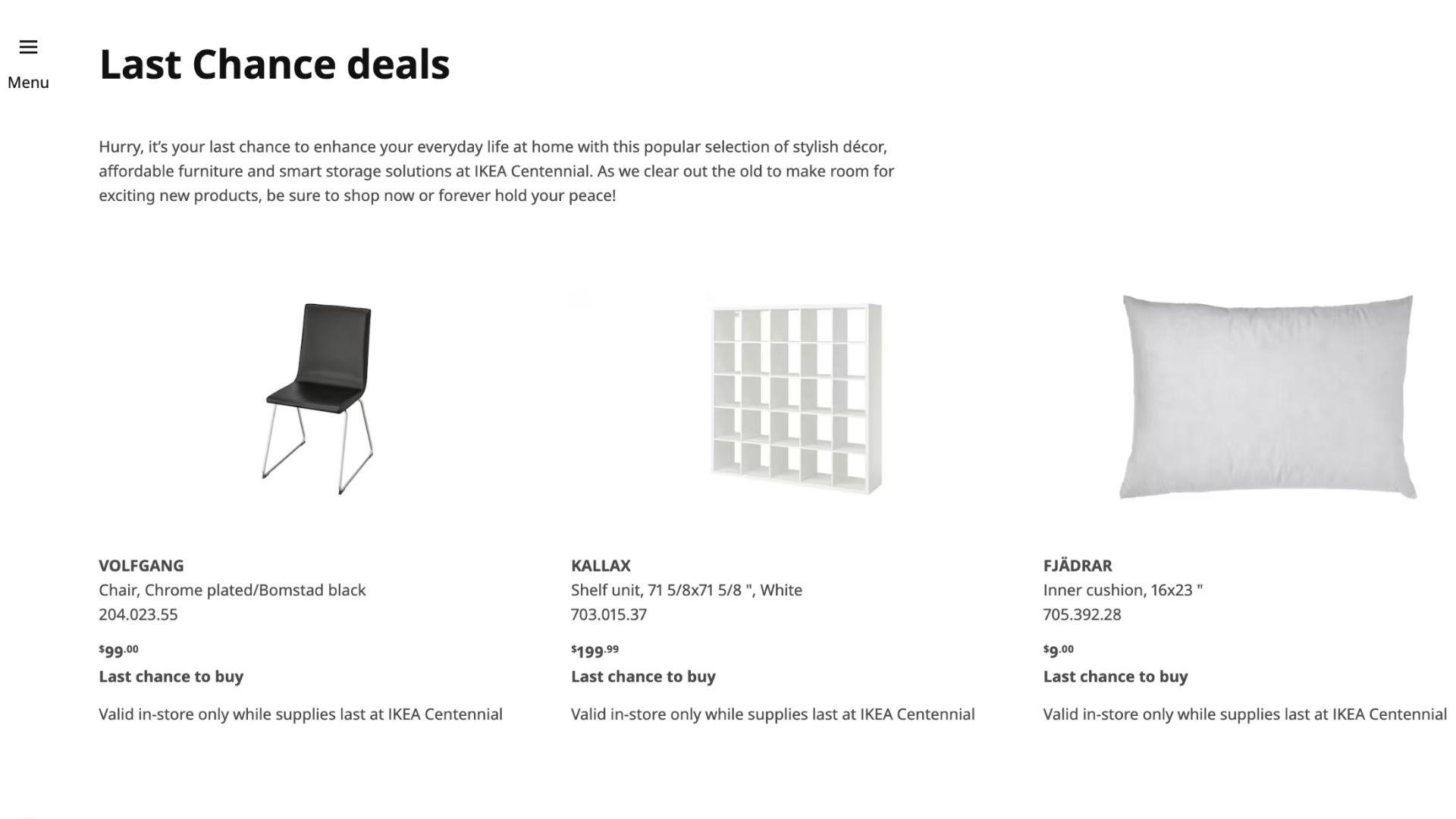 Last Chance deals collection on Ikea's website