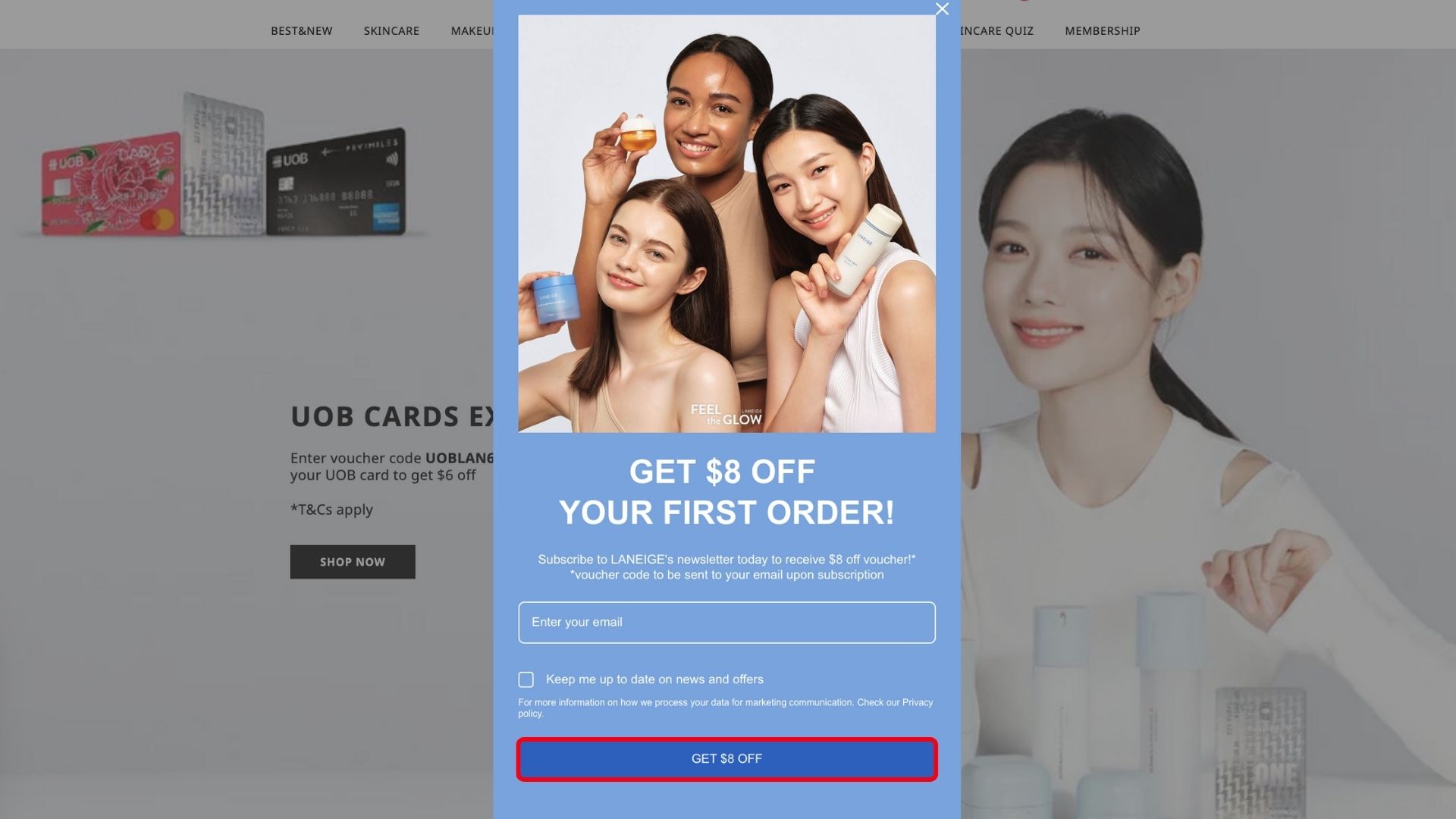Clear and personalized CTA on Laneige.com