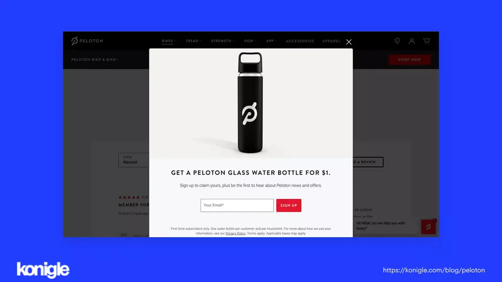 A pop-up appears upon entry prompting visitors to subscribe to Peloton's newsletter in exchange for a reward