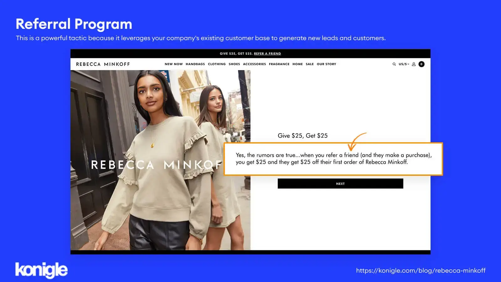 Referral page on Rebecca Minkoff that creates a referral link when customer inputs their email