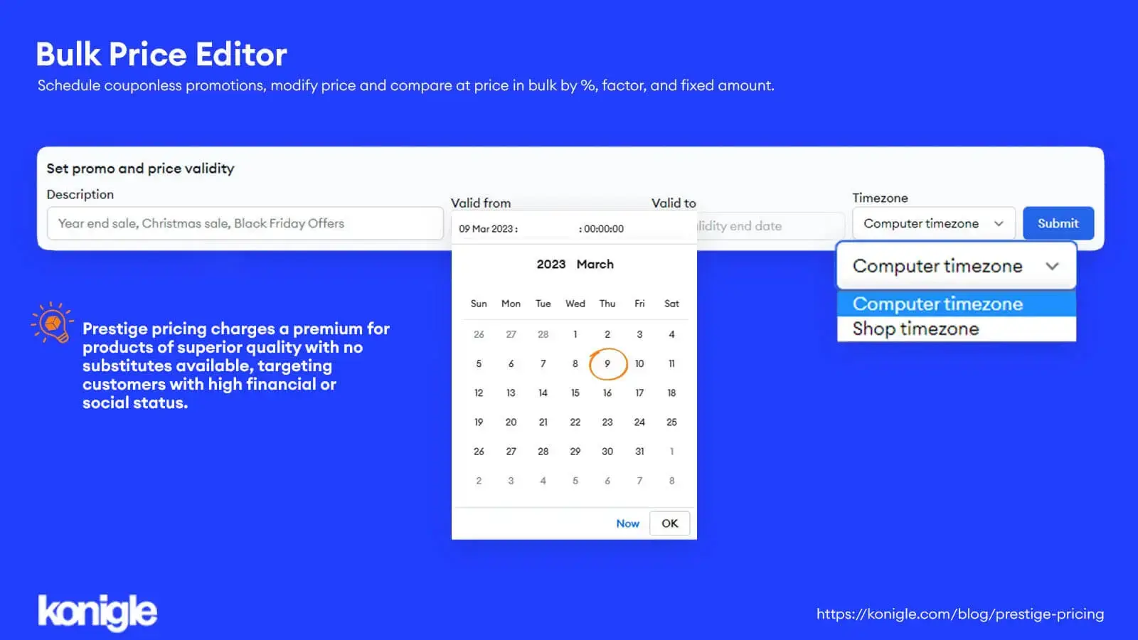 Updating description, validity, and timezone for prestige pricing.