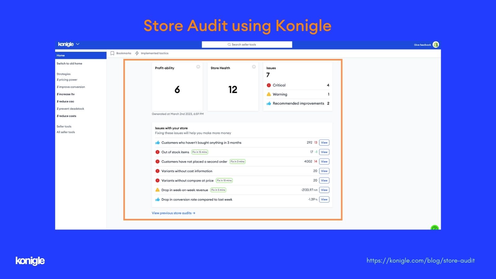 Konigle provides the ability to automatically audit online stores.