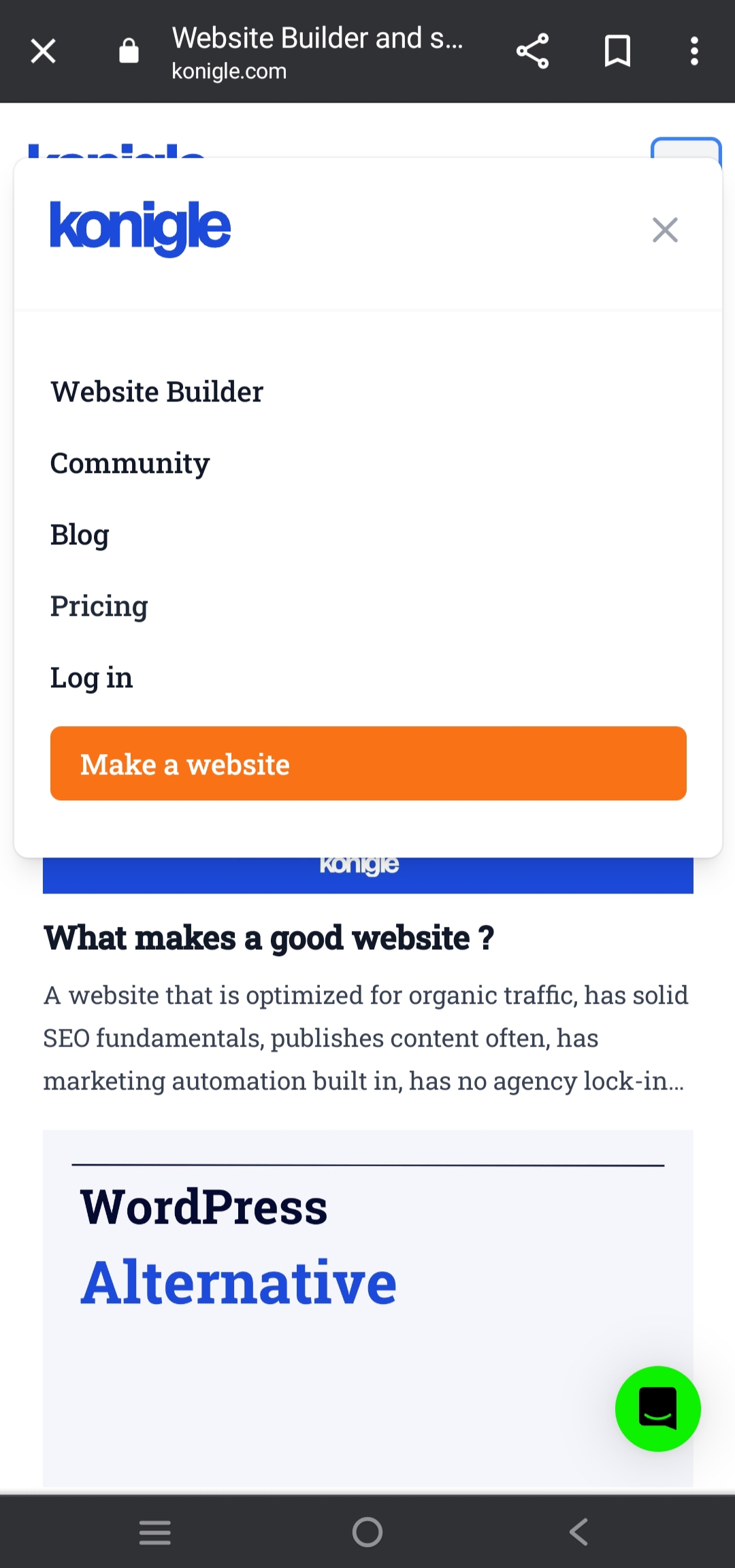 konigle website par "Make a website" button
