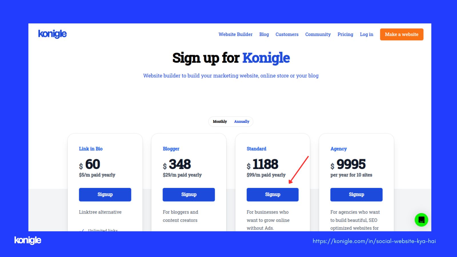 Sign up option on the konigle website