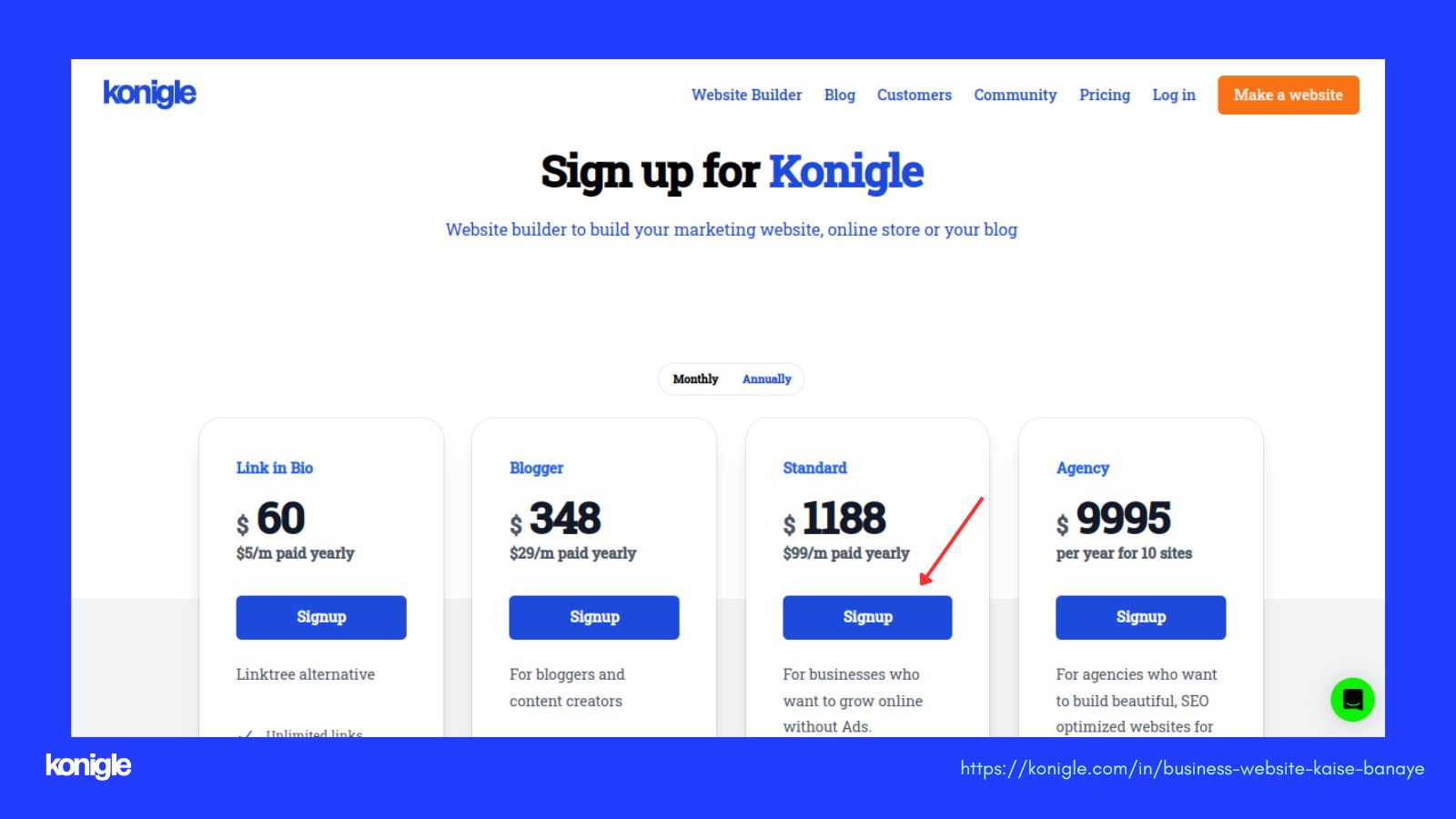 Konigle signup flow for business website - signup