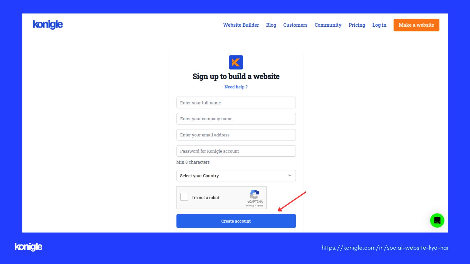 Create an account option on the konigle website