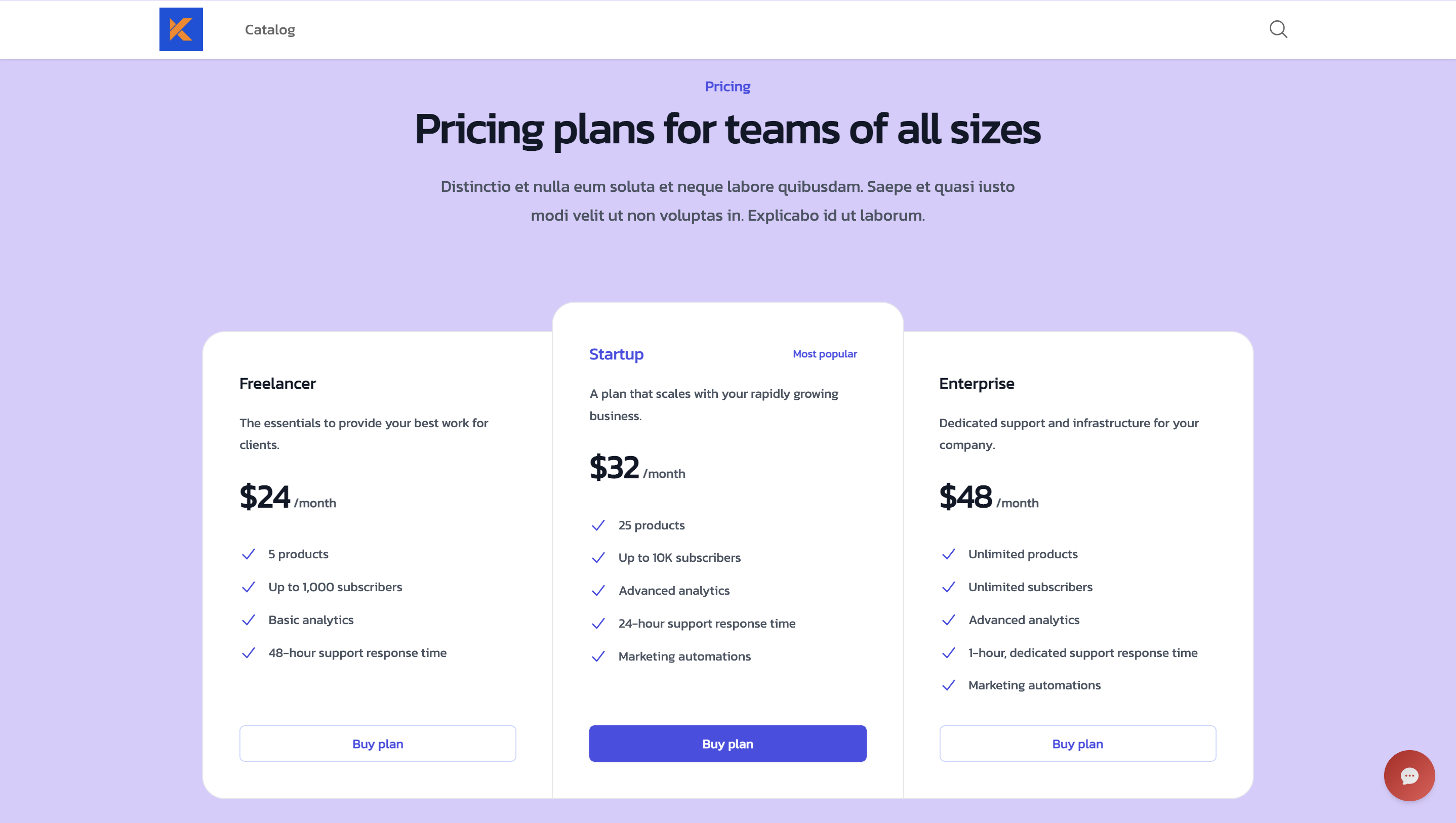 Sample of a pricing section built using the HTML component
