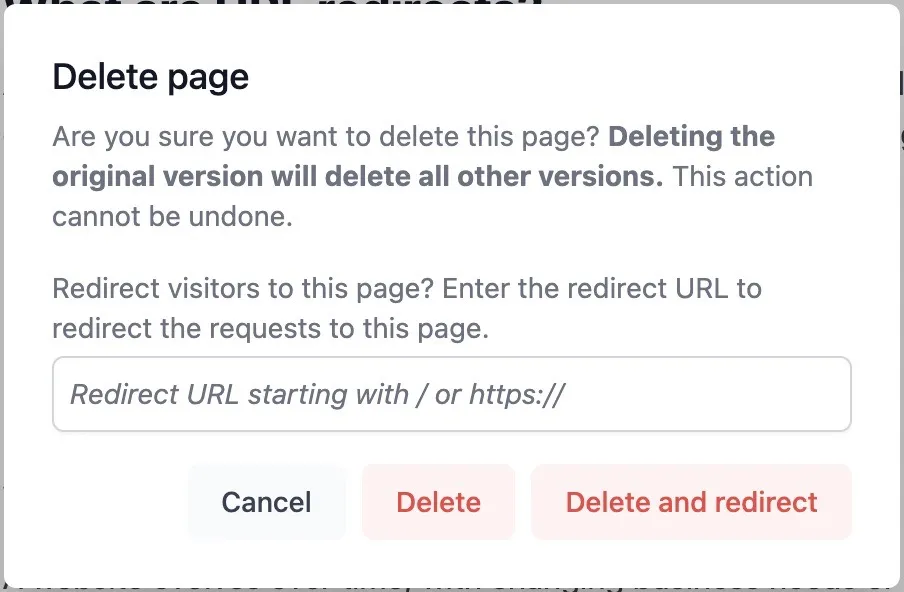 The delete and redirect feature for pages on Konigle