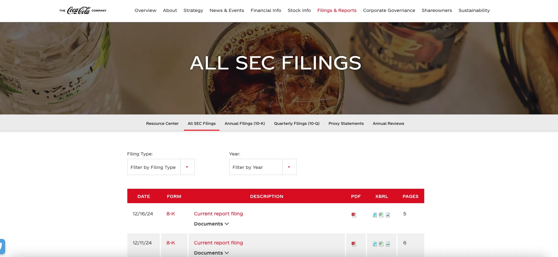 SEC Filings section from Coca-Cola IR Website<br>