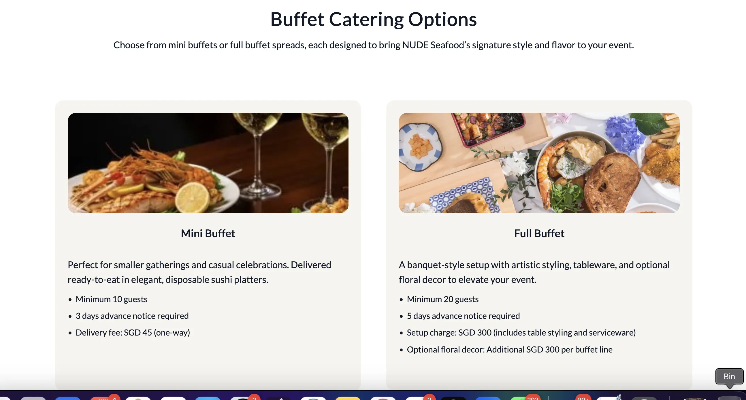 A section on the catering page