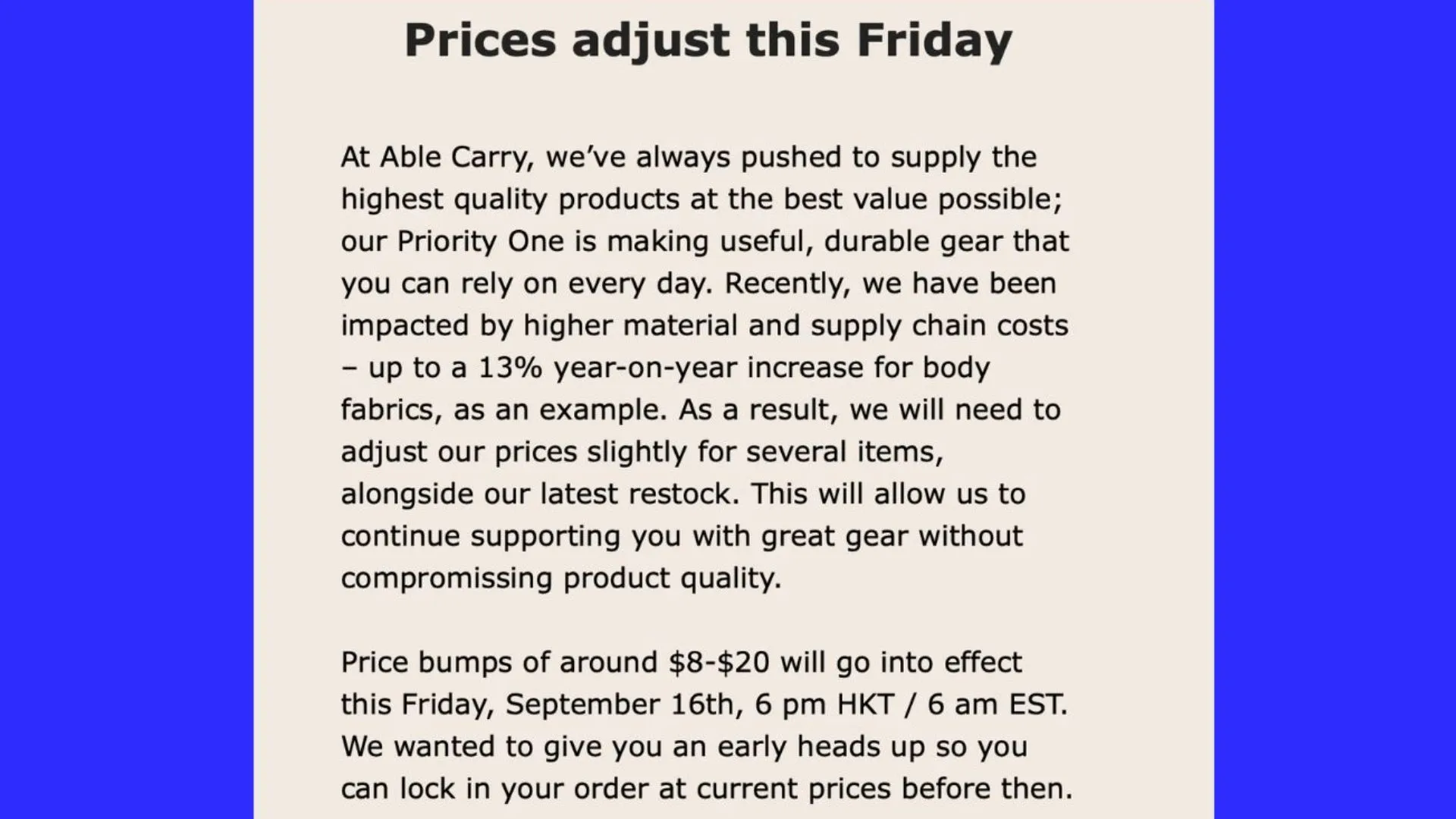 Able Carry's price adjustment email