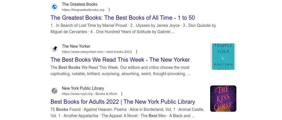 Book-related product titles on Google