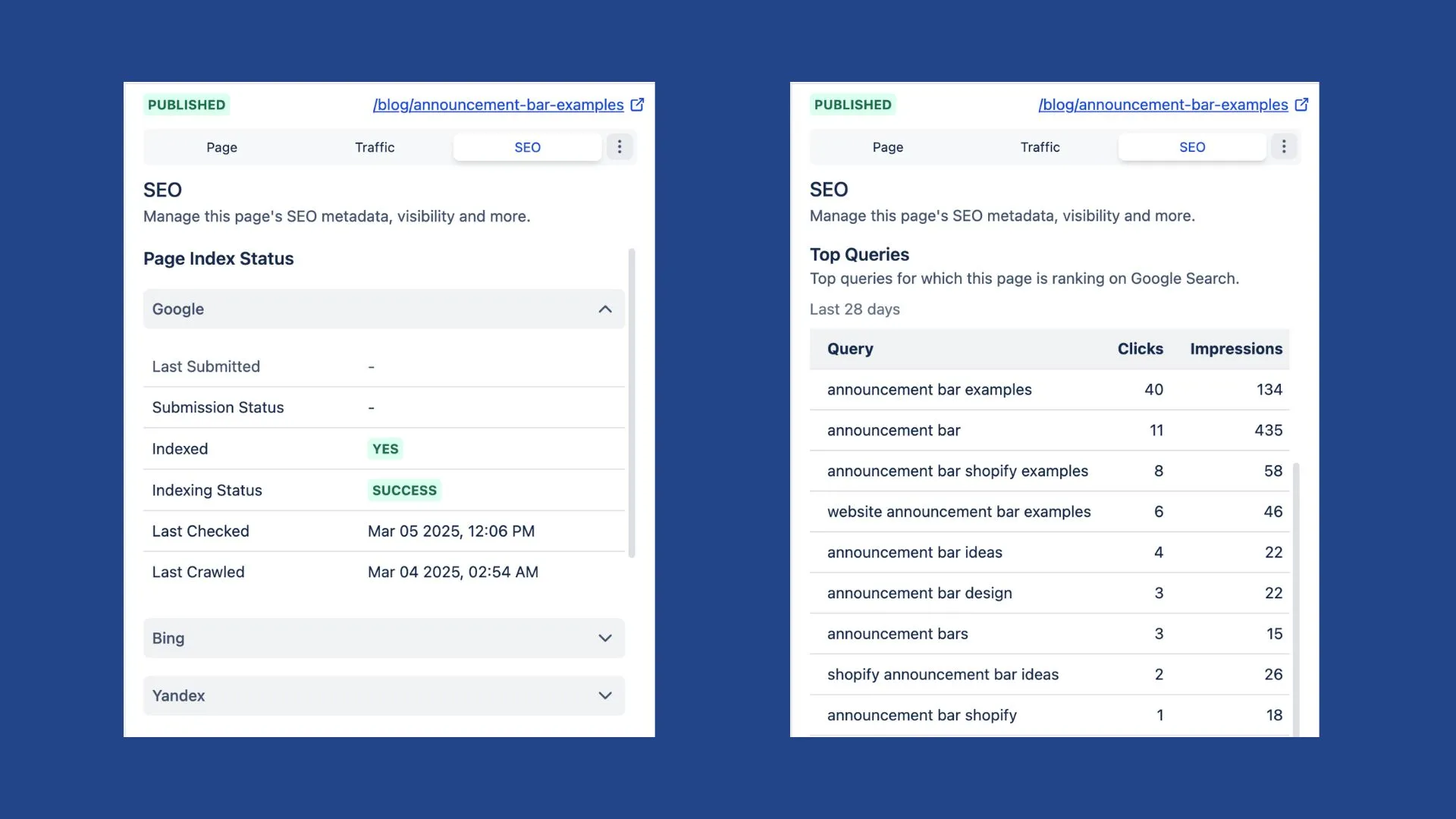 SEO tab to check indexing status and SEO meta tags